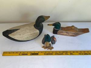 lot 51 image: Set of 3 Duck Collectibles TY Beanie Baby, Wooden Decoy, and Match Holder