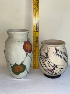 lot 52 image: Pair of Decorative Vases with Leaf and Geometric Designs