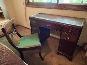 lot 75 image: Vintage Wood Desk and Chair Set with Brass Hardware