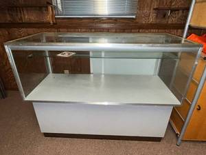 lot 92 image: Glass Display Case with Metal Frame and Storage Base
