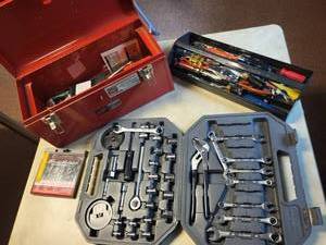 lot 125 image: Comprehensive Tool Set with Metal Toolbox, Wrenches, Sockets, Drill Bits and Accessories