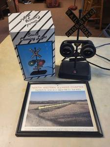 lot 126 image: Railroad Crossing Signal Sound Light with Box and Framed Train Print