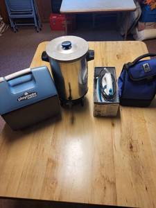 lot 130 image: Lot of Kitchen and Travel Items Including Igloo Cooler, Coffee Urn, Soft Cooler, and Steam Iron