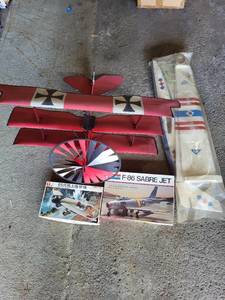 lot 162 image: Vintage RC Biplane, Spare Wing, and 2 Model Aircraft Kits