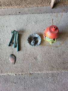 lot 167 image: Garden Decor Lot with Metal Wind Chime, Hanging Bird Feeder, and Frog Lantern
