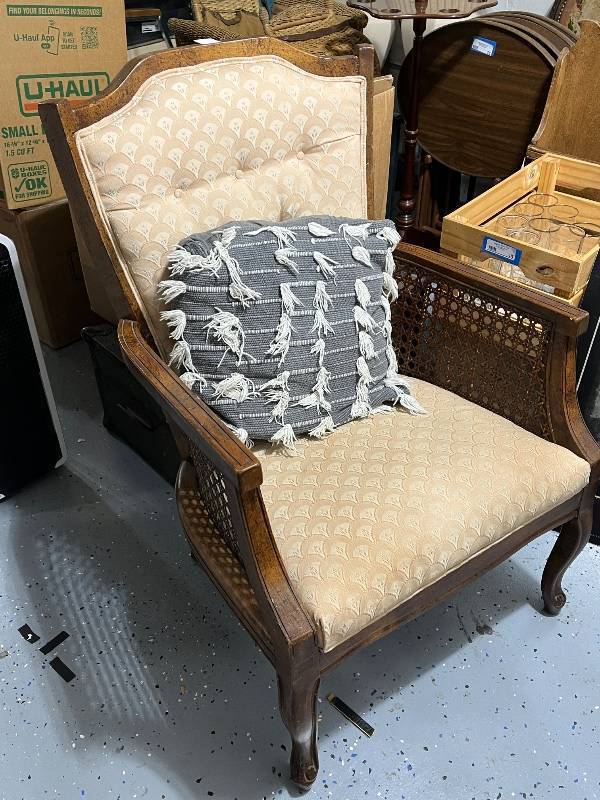 lot 161 image: Vintage Upholstered Armchair with Cane Sides and Wooden Frame