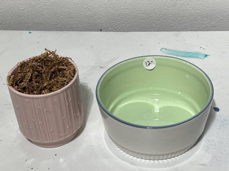 lot 44E image: Pair of Ceramic Planters - Pink and Green, Textured and Smooth