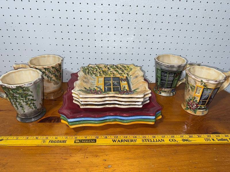 lot 46E image: Colorful Hand-Painted Pottery Set - 4 Mugs & 5 Plates with Window Design