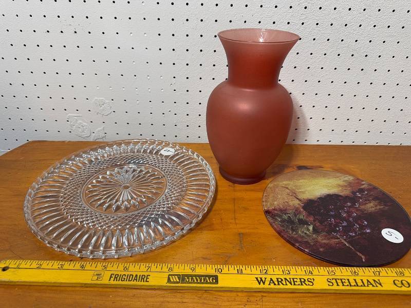 lot 50E image: Decorative Glass Trio Crystal Plate, Red Vase & Grape Trivet
