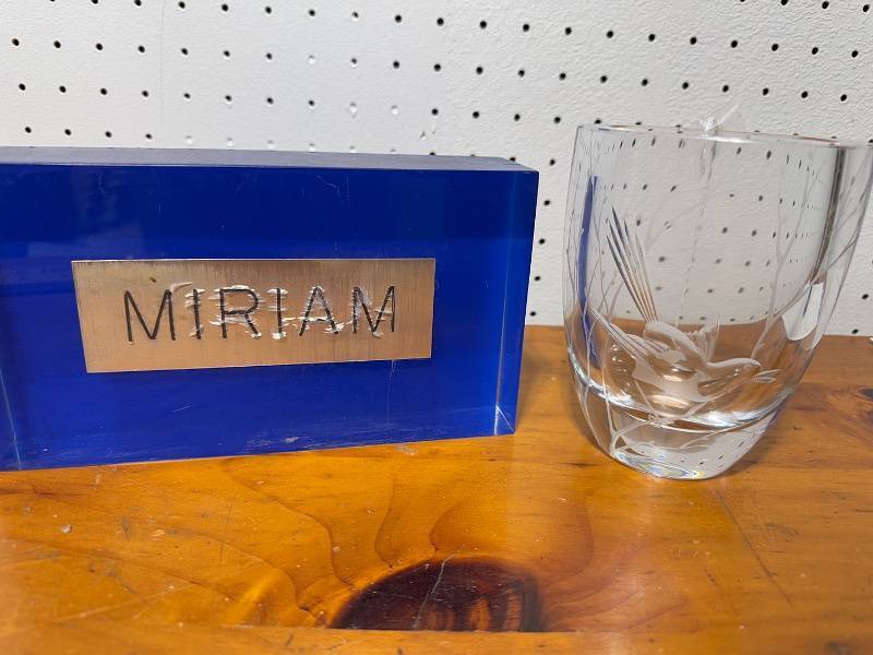 lot 58E image: Signed Etched Crystal Vase with Miriam Nameplate