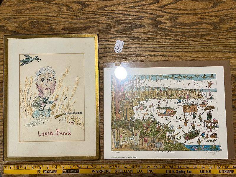 lot 59 image: Set of 2 Framed Art Prints Including Lunch Break Cartoon and Winter Scene