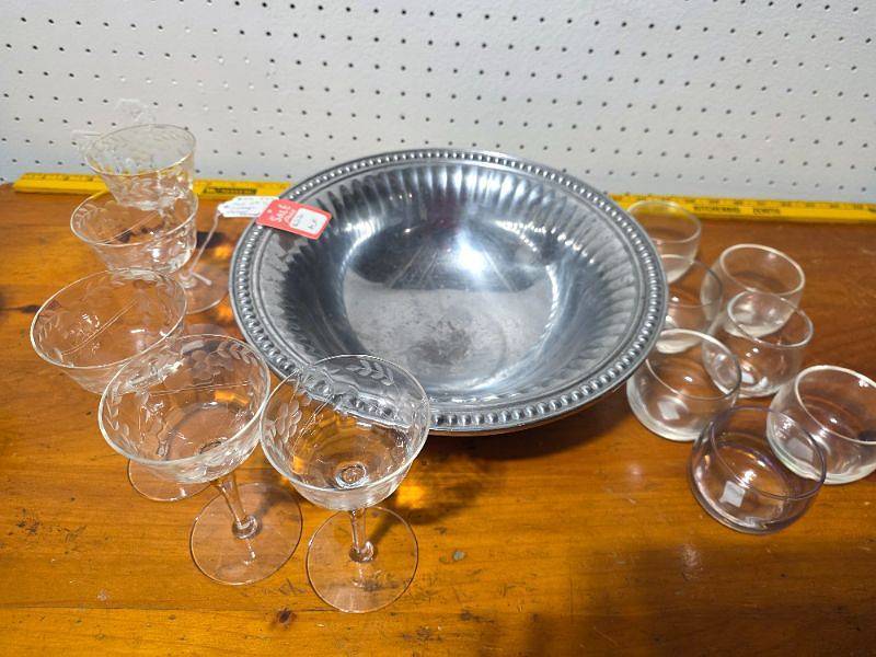 lot 90 image: Vintage Etched Glass Stemware & Metal Serving Bowl Collection
