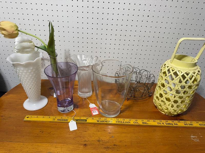 lot 134 image: Assorted Vase and Decorative Lot Glass, Milk Glass, Metal