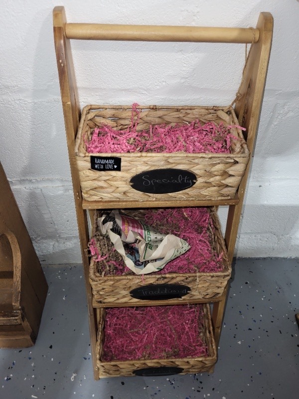 lot 95R image: Three-Tier Woven Basket Stand with Chalkboard Labels