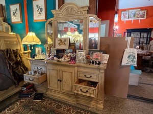 lot 1 image: Vintage Wooden Dresser with Mirror and Storage - Contents Not Included