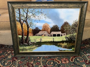 lot 3 image: Framed Landscape Painting by G. Utoft with Barns and Pond
