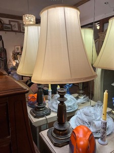 lot 14K image: Pair of Vintage Brass Table Lamps with Fabric Shades