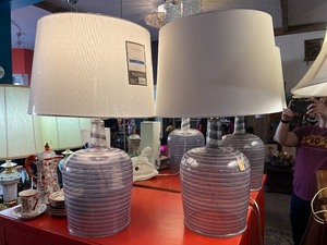 lot 16 image: Pair of striped Glass Table Lamps in beautiful lavender tones with White modern lamp shades