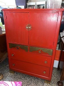 lot 17 image: Vintage Red Cabinet with Floral Interior Detailing