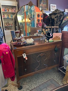 lot 21 image: Antique Wooden Dresser with Mirror and Ornate Detailing brought from Italy