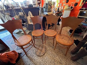 lot 25 image: Set of 4 Vintage Wooden Chairs with Cane Seats (cane on 34 chairs is damaged - includes removable seat covers)