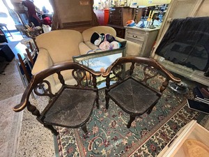 lot 121 image: Set of 2 Vintage Corner Chairs with Rush Seating and Intricate Back Design