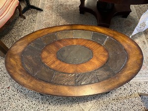 lot 123 image: Oval Coffee Table with Stone Inlay and Wooden Frame