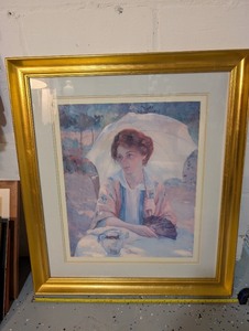lot 63U image: Framed Art Print of Woman with Parasol in Gold Frame