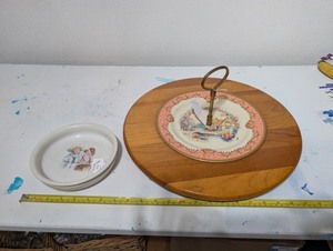 lot 64 image: Vintage Ceramic Plate and Painted Plate on Wood Lazy Susan