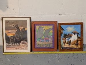 lot 66U image: Framed Art Lot with Don Quichotte Poster, Horse Drawing, and Village Scene