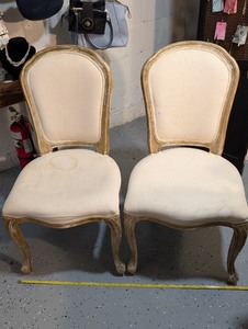 lot 69U image: Pair of Vintage Upholstered Dining Chairs with Distressed Wood Frame Perfect to recover to fit your home