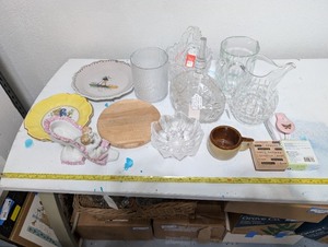 lot 70 image: Collection of Decorative Glassware, Ceramic Plates, Porcelain Figurine, and Craft Stamps