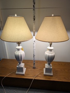 lot 72P image: Pair of White Ceramic Table Lamps with Shades
