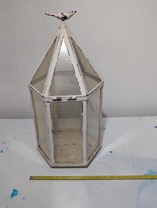lot 73 image: Vintage Hexagonal Glass and Metal Terrarium with Bird Topper