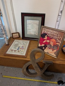 lot 77U image: Framed Art Print and Embroidery Lot with Wooden Ampersand Wall Decor