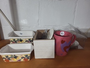 lot 14E image: Assorted Ceramic Dishes, Pink Heart Mug, Wooden Organizer, and Candle Set