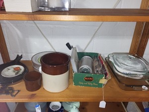 lot 18E image: Vintage Kitchenware Collection Including Plates, Press, Dishes and Crocks