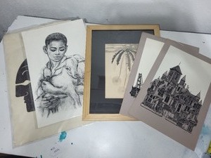 lot 39E image: Set of 4 Framed and Unframed Vintage Ink and Watercolor Art Prints
