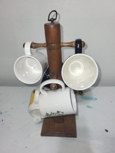 lot 40 image: Set of 5 Ceramic Coffee Mugs with Wooden Mug Tree Stand