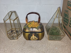lot 43B image: Set of 3 Vintage Decorative Terrariums and Handled Trinket Box