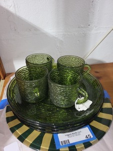 lot 45 image: Collection of Vintage Glass Serveware Including Amber, Green, and Fish Plates with Mugs