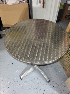 lot 60P image: Round Metal Table with Brushed Aluminum Top and Pedestal Base