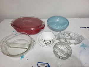 lot 77P image: Assorted Vintage Kitchenware with Glass Dishes, Cups, and Serving Bowls