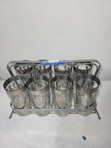 lot 88 image: Set of 8 Vintage Silver Rimmed Glass Tumblers with Holder and Glass Ice Bucket