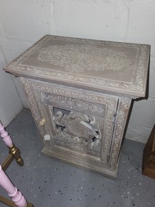 lot 97 image: Handcrafted Wood Accent Cabinet with Elephant Carving and Floral Inlay