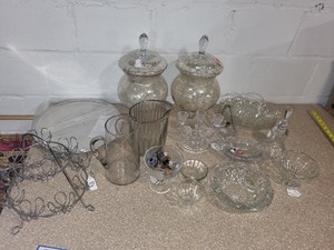 lot 109 image: Assorted Glass and Metal Tableware Collection with Decorative Jars and Pitchers