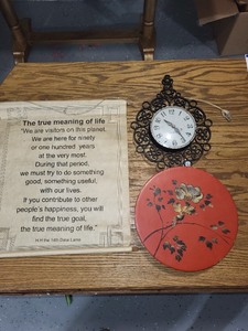 lot 110 image: Decorative Wall Clock, Asian-Style Lacquer Box, and Dalai Lama Wall Hanging