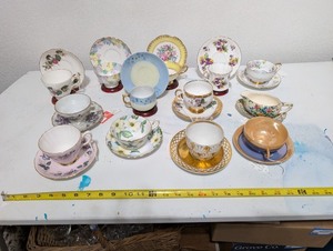 lot 61B image: Assorted Vintage Bone China Teacups and Saucers with Creamer - Set of 13