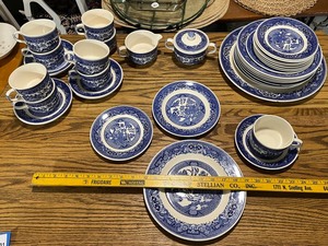 lot 31B image: Complete Willow Ware Blue White Dinnerware Set - 38 Pieces