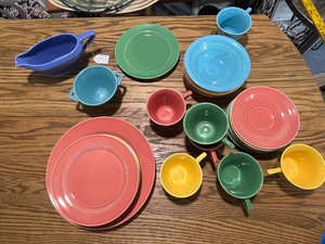 lot 37A image: Vintage Colorful Set of Homer Laughlin Vintage Harlequin Set - Plates, Bowls & Cups